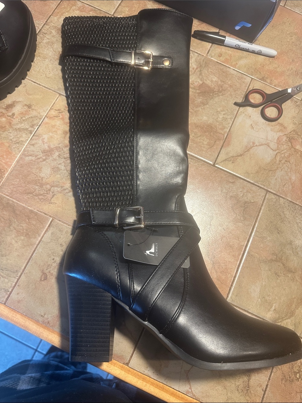 Classic Black Mid-Calf Heeled Boots with Buckle Detail